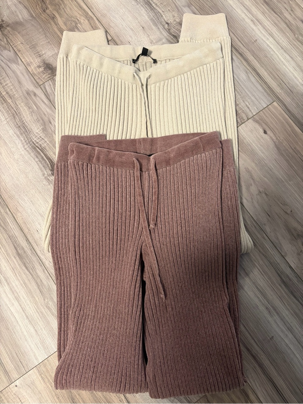 Ribbed Knit Drawstring Pants - Cream & Mauve Joggers